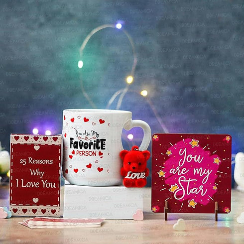 Dreamica Printed I Love You Printed Mug with Standee, 25 Reasons Why I Love You Cards and Keychain | Best Valentine Day Gift